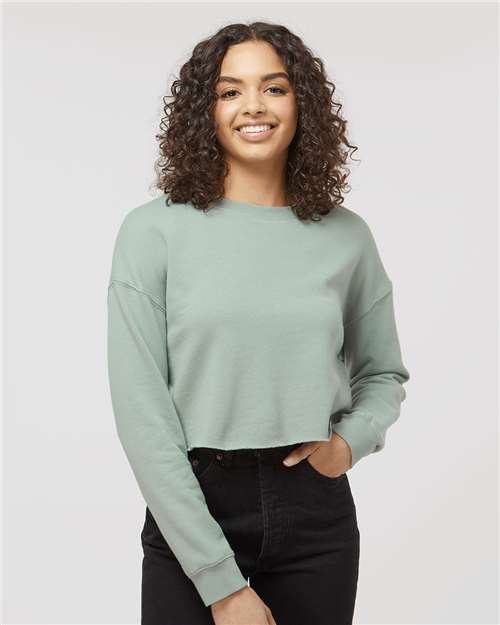 Sage - Independent Trading Co. AFX24CRP Sweatshirt with Custom Logo Independent Trading Co. Women's Lightweight Crop Crewneck Sweatshirt in Sage, front view on model