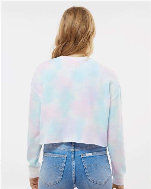 Tie Dye Cotton Candy - Independent Trading Co. AFX24CRP Sweatshirt with Custom Logo Independent Trading Co. Women's Lightweight Crop Crewneck Sweatshirt in Tie Dye Cotton Candy, back view on model