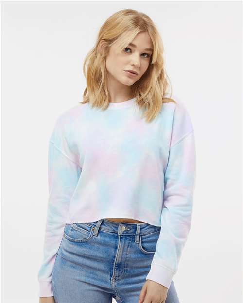 Tie Dye Cotton Candy - Independent Trading Co. AFX24CRP Sweatshirt with Custom Logo Independent Trading Co. Women's Lightweight Crop Crewneck Sweatshirt in Tie Dye Cotton Candy, front view on model