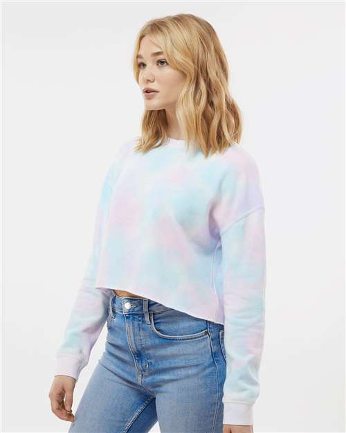 Tie Dye Cotton Candy - Independent Trading Co. AFX24CRP Sweatshirt with Custom Logo Independent Trading Co. Women's Lightweight Crop Crewneck Sweatshirt in Tie Dye Cotton Candy, side view on model