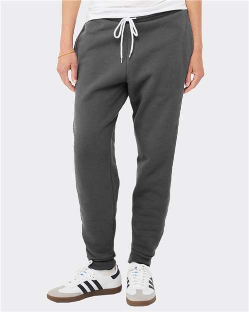 Asphalt - BELLA + CANVAS 3727 Joggers with Custom Logo Decoration BELLA + CANVAS Unisex Sponge Fleece Joggers in Asphalt, front view on model