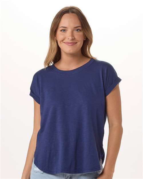 Navy - Boxercraft BW2102 T-Shirt with Custom Logo Decoration Boxercraft Women's Sweet T-Shirt in Navy, front view on model