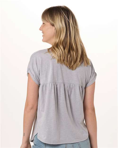 Oxford Heather - Boxercraft BW2102 T-Shirt with Custom Logo Decoration Boxercraft Women's Sweet T-Shirt in Oxford Heather, back view on model