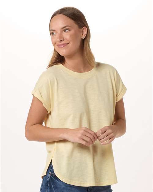 Daffodil - Boxercraft BW2102 T-Shirt with Custom Logo Decoration Boxercraft Women's Sweet T-Shirt in Daffodil, front view on model