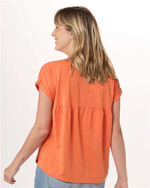 Mandarin - Boxercraft BW2102 T-Shirt with Custom Logo Decoration Boxercraft Women's Sweet T-Shirt in Mandarin, back view on model