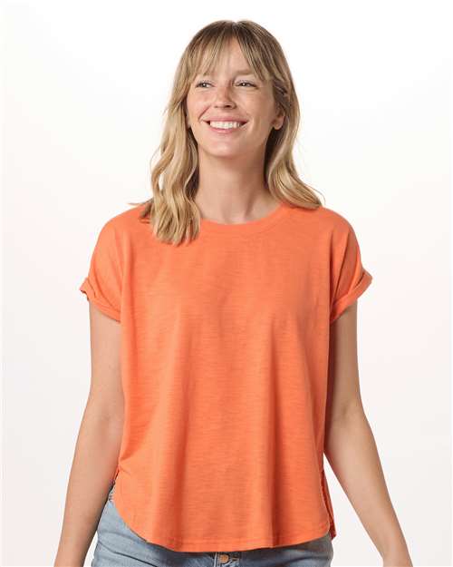 Mandarin - Boxercraft BW2102 T-Shirt with Custom Logo Decoration Boxercraft Women's Sweet T-Shirt in Mandarin, front view on model