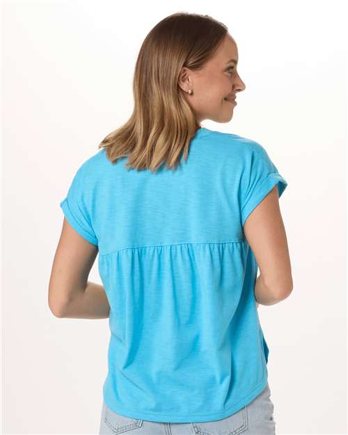 Pacific Blue - Boxercraft BW2102 T-Shirt with Custom Logo Decoration Boxercraft Women's Sweet T-Shirt in Pacific Blue, back view on model