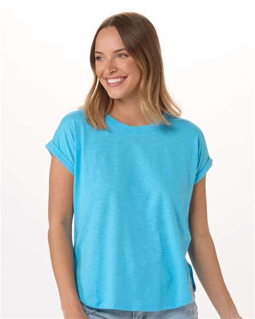 Pacific Blue - Boxercraft BW2102 T-Shirt with Custom Logo Decoration Boxercraft Women's Sweet T-Shirt in Pacific Blue, front view on model