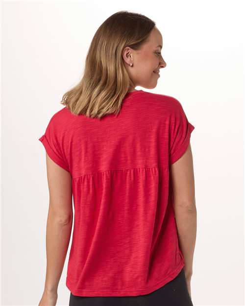 True Red - Boxercraft BW2102 T-Shirt with Custom Logo Decoration Boxercraft Women's Sweet T-Shirt in True Red, back view on model