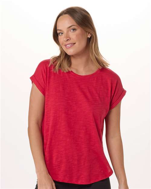 True Red - Boxercraft BW2102 T-Shirt with Custom Logo Decoration Boxercraft Women's Sweet T-Shirt in True Red, front view on model