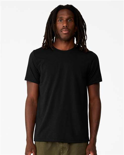 Black - BELLA + CANVAS 3001ECO T-Shirt with Custom Logo Printing BELLA + CANVAS Unisex EcoMax Tee in Black, front view on model