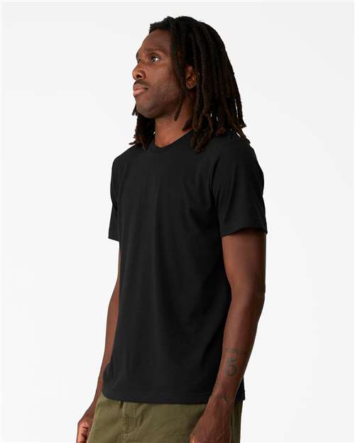 Black - BELLA + CANVAS 3001ECO T-Shirt with Custom Logo Printing BELLA + CANVAS Unisex EcoMax Tee in Black, side view on model