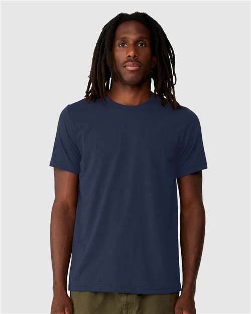 Navy - BELLA + CANVAS 3001ECO T-Shirt with Custom Logo Printing BELLA + CANVAS Unisex EcoMax Tee in Navy, front view on model