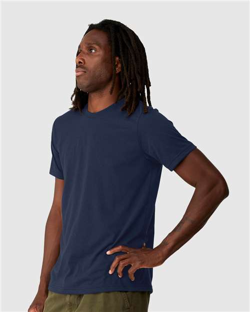 Navy - BELLA + CANVAS 3001ECO T-Shirt with Custom Logo Printing BELLA + CANVAS Unisex EcoMax Tee in Navy, side view on model