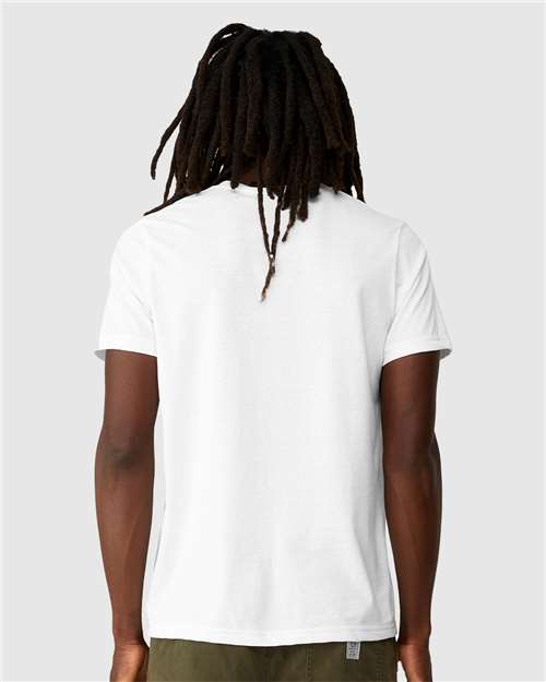 White - BELLA + CANVAS 3001ECO T-Shirt with Custom Logo Printing BELLA + CANVAS Unisex EcoMax Tee in White, back view on model