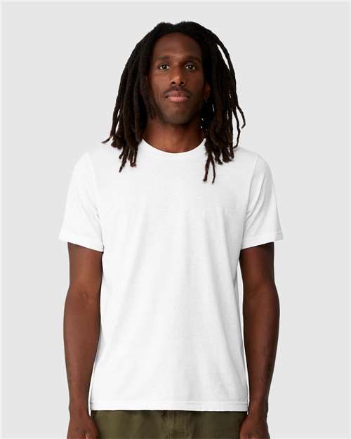 White - BELLA + CANVAS 3001ECO T-Shirt with Custom Logo Printing BELLA + CANVAS Unisex EcoMax Tee in White, front view on model