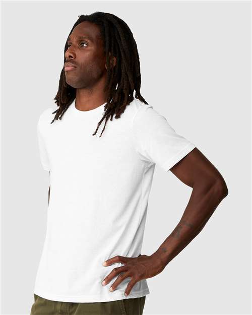 White - BELLA + CANVAS 3001ECO T-Shirt with Custom Logo Printing BELLA + CANVAS Unisex EcoMax Tee in White, side view on model