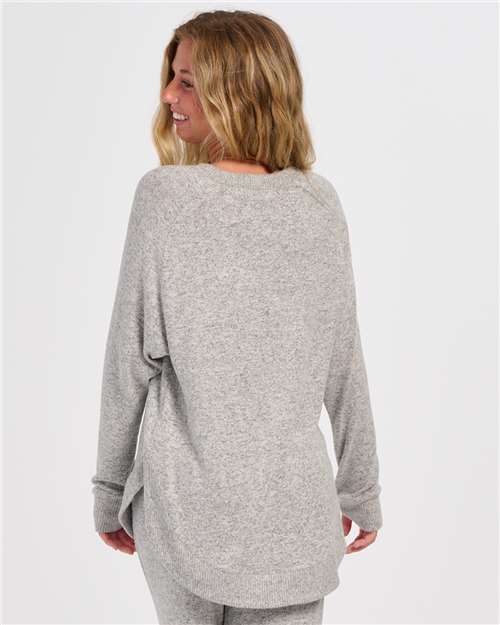 Oxford Heather - Boxercraft BW1102 Apparel with Custom Logo Decoration Boxercraft Women's Cuddle Oversize Pullover Sweater in Oxford Heather, back view on model