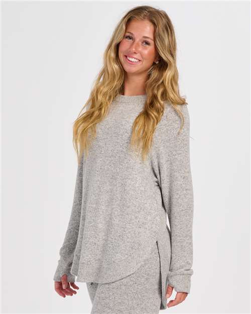 Oxford Heather - Boxercraft BW1102 Apparel with Custom Logo Decoration Boxercraft Women's Cuddle Oversize Pullover Sweater in Oxford Heather, front view on model