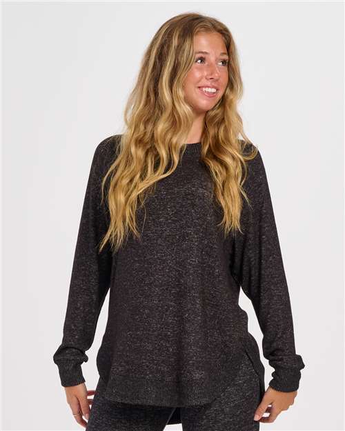 Black Heather - Boxercraft BW1102 Apparel with Custom Logo Decoration Boxercraft Women's Cuddle Oversize Pullover Sweater in Black Heather, front view on model