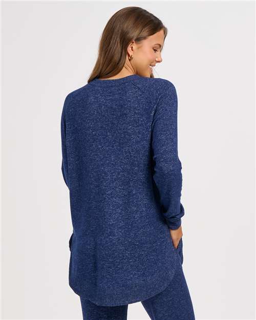 Navy Heather - Boxercraft BW1102 Apparel with Custom Logo Decoration Boxercraft Women's Cuddle Oversize Pullover Sweater in Navy Heather, back view on model