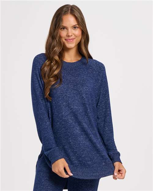 Navy Heather - Boxercraft BW1102 Apparel with Custom Logo Decoration Boxercraft Women's Cuddle Oversize Pullover Sweater in Navy Heather, front view on model