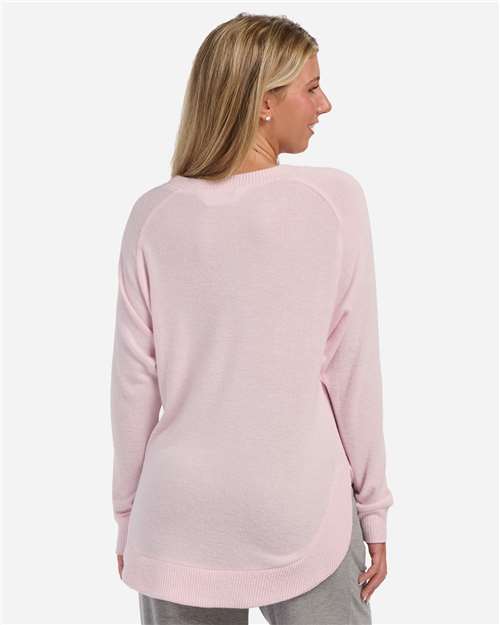Pink Serenity - Boxercraft BW1102 Apparel with Custom Logo Decoration Boxercraft Women's Cuddle Oversize Pullover Sweater in Pink Serenity, back view on model