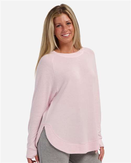 Pink Serenity - Boxercraft BW1102 Apparel with Custom Logo Decoration Boxercraft Women's Cuddle Oversize Pullover Sweater in Pink Serenity, front view on model