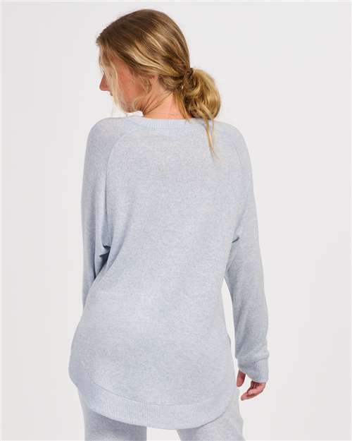 Sky Blue Heather - Boxercraft BW1102 Apparel with Custom Logo Decoration Boxercraft Women's Cuddle Oversize Pullover Sweater in Sky Blue Heather, back view on model