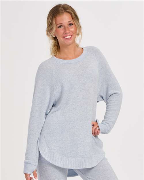 Sky Blue Heather - Boxercraft BW1102 Apparel with Custom Logo Decoration Boxercraft Women's Cuddle Oversize Pullover Sweater in Sky Blue Heather, front view on model