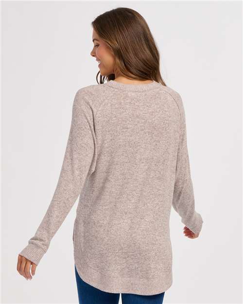 Espresso Heather - Boxercraft BW1102 Apparel with Custom Logo Decoration Boxercraft Women's Cuddle Oversize Pullover Sweater in Espresso Heather, back view on model