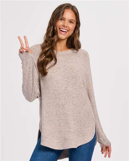 Espresso Heather - Boxercraft BW1102 Apparel with Custom Logo Decoration Boxercraft Women's Cuddle Oversize Pullover Sweater in Espresso Heather, front view on model