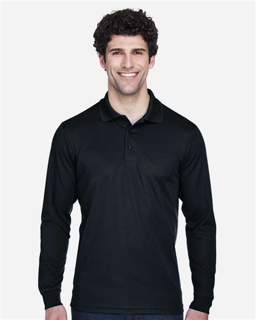Black - CORE365 88192T Men's Polo with Embroidered Company Logo CORE365 Men's Tall Pinnacle Performance Long Sleeve Piqué Polo in Black, front view on model