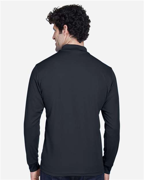 Carbon - CORE365 88192T Men's Polo with Embroidered Company Logo CORE365 Men's Tall Pinnacle Performance Long Sleeve Piqué Polo in Carbon, back view on model