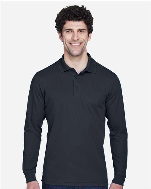 Carbon - CORE365 88192T Men's Polo with Embroidered Company Logo CORE365 Men's Tall Pinnacle Performance Long Sleeve Piqué Polo in Carbon, front view on model