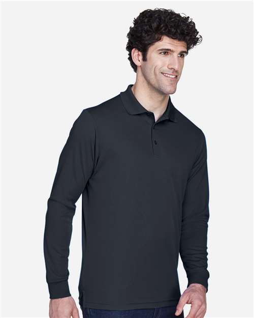 Carbon - CORE365 88192T Men's Polo with Embroidered Company Logo CORE365 Men's Tall Pinnacle Performance Long Sleeve Piqué Polo in Carbon, side view on model