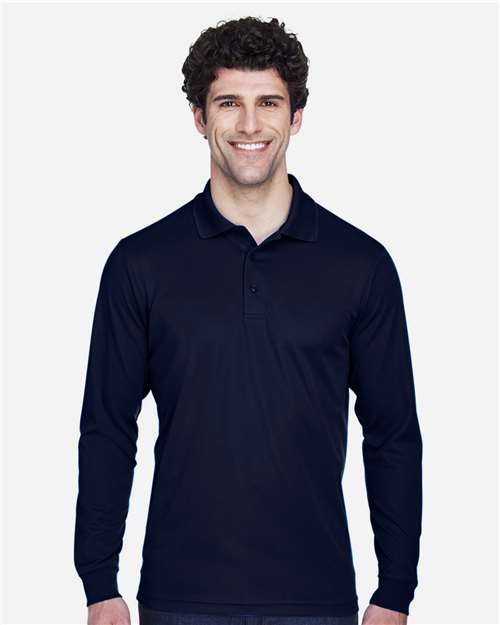 Classic Navy - CORE365 88192T Men's Polo with Embroidered Company Logo CORE365 Men's Tall Pinnacle Performance Long Sleeve Piqué Polo in Classic Navy, front view on model