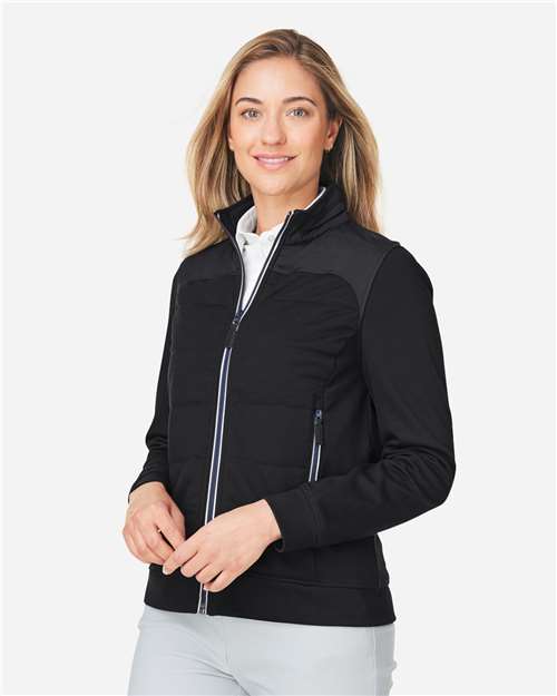 Black - Devon & Jones DG71W Jacket with Custom Logo Embroidery Devon & Jones Women's New Classics® Club Jacket in Black, side view on model