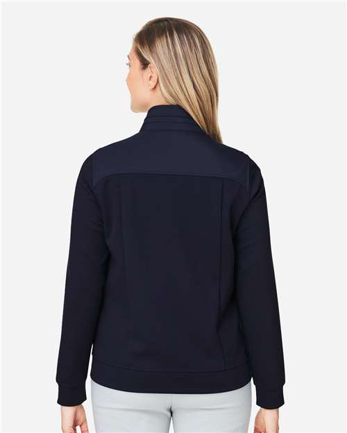 Navy - Devon & Jones DG71W Jacket with Custom Logo Embroidery Devon & Jones Women's New Classics® Club Jacket in Navy, back view on model
