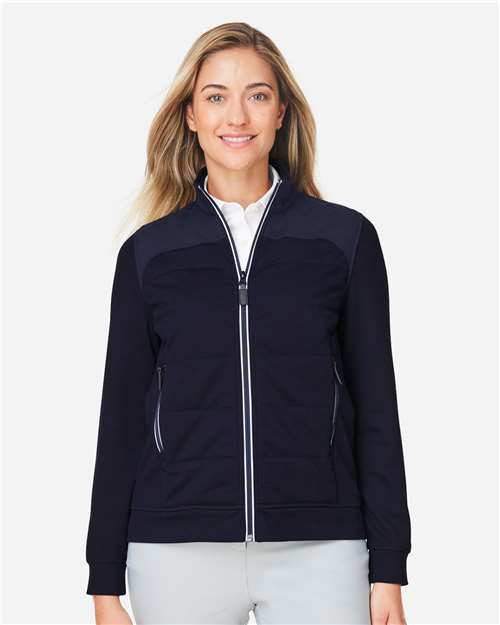 Navy - Devon & Jones DG71W Jacket with Custom Logo Embroidery Devon & Jones Women's New Classics® Club Jacket in Navy, front view on model