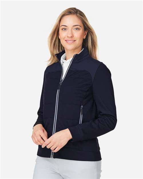 Navy - Devon & Jones DG71W Jacket with Custom Logo Embroidery Devon & Jones Women's New Classics® Club Jacket in Navy, side view on model