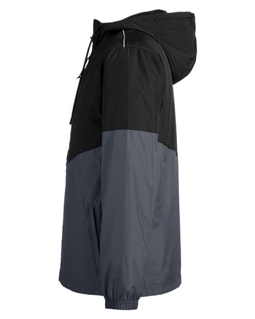 Black/ Carbon - CORE365 CE710 Windbreaker Jacket with Custom Logo Embroidery CORE365 Unisex Techno Lite Colorblock Windbreaker in Black/Carbon, side view
