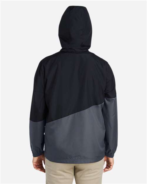 Black/ Carbon - CORE365 CE710 Windbreaker Jacket with Custom Logo Embroidery CORE365 Unisex Techno Lite Colorblock Windbreaker in Black/Carbon, back view on model