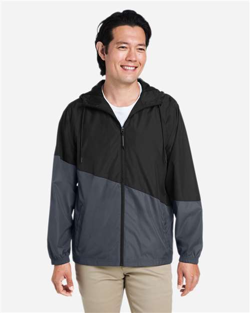 Black/ Carbon - CORE365 CE710 Windbreaker Jacket with Custom Logo Embroidery CORE365 Unisex Techno Lite Colorblock Windbreaker in Black/Carbon, front view on model