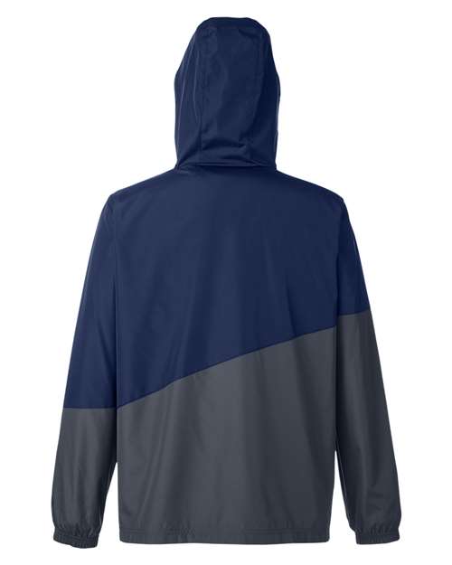 Classic Navy Heather/ Carbon - CORE365 CE710 Windbreaker Jacket with Custom Logo Embroidery CORE365 Unisex Techno Lite Colorblock Windbreaker in Classic Navy Heather/Carbon, back view