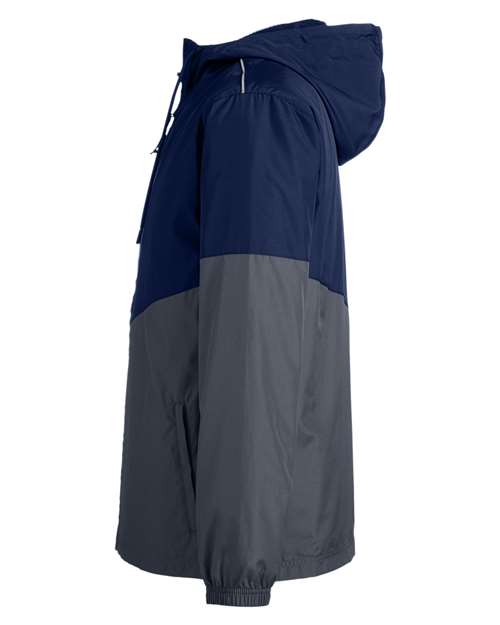 Classic Navy Heather/ Carbon - CORE365 CE710 Windbreaker Jacket with Custom Logo Embroidery CORE365 Unisex Techno Lite Colorblock Windbreaker in Classic Navy Heather/Carbon, side view
