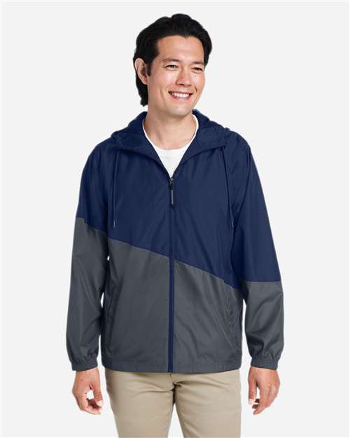 Classic Navy Heather/ Carbon - CORE365 CE710 Windbreaker Jacket with Custom Logo Embroidery CORE365 Unisex Techno Lite Colorblock Windbreaker in Classic Navy Heather/Carbon, front view on model