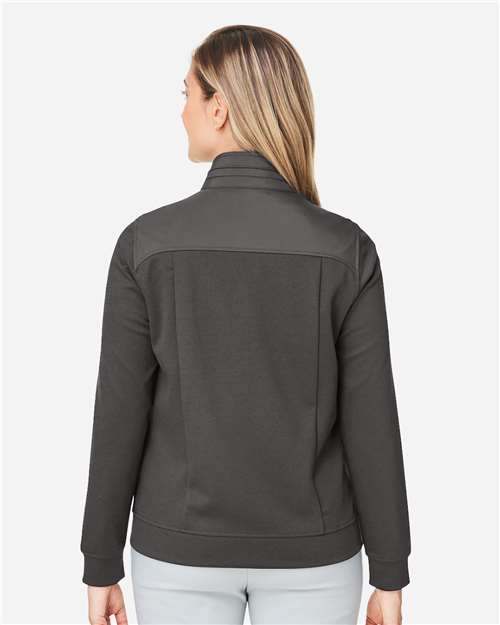 Graphite - Devon & Jones DG71W Jacket with Custom Logo Embroidery Devon & Jones Women's New Classics® Club Jacket in Graphite, back view on model