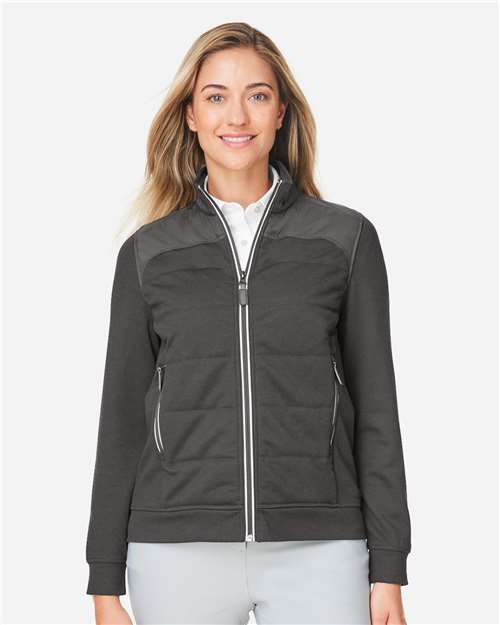 Graphite - Devon & Jones DG71W Jacket with Custom Logo Embroidery Devon & Jones Women's New Classics® Club Jacket in Graphite, front view on model