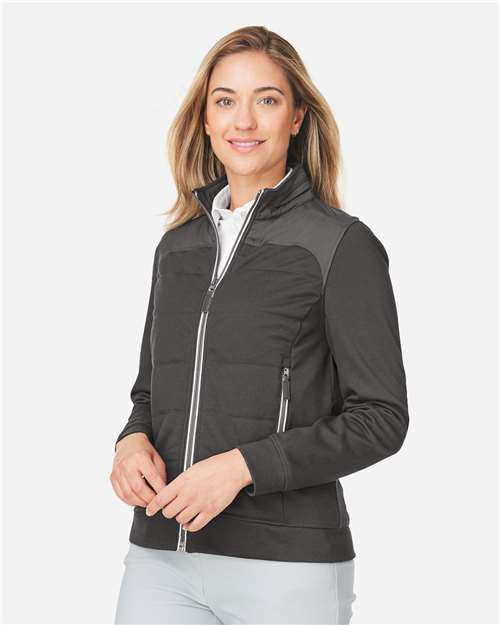Graphite - Devon & Jones DG71W Jacket with Custom Logo Embroidery Devon & Jones Women's New Classics® Club Jacket in Graphite, side view on model